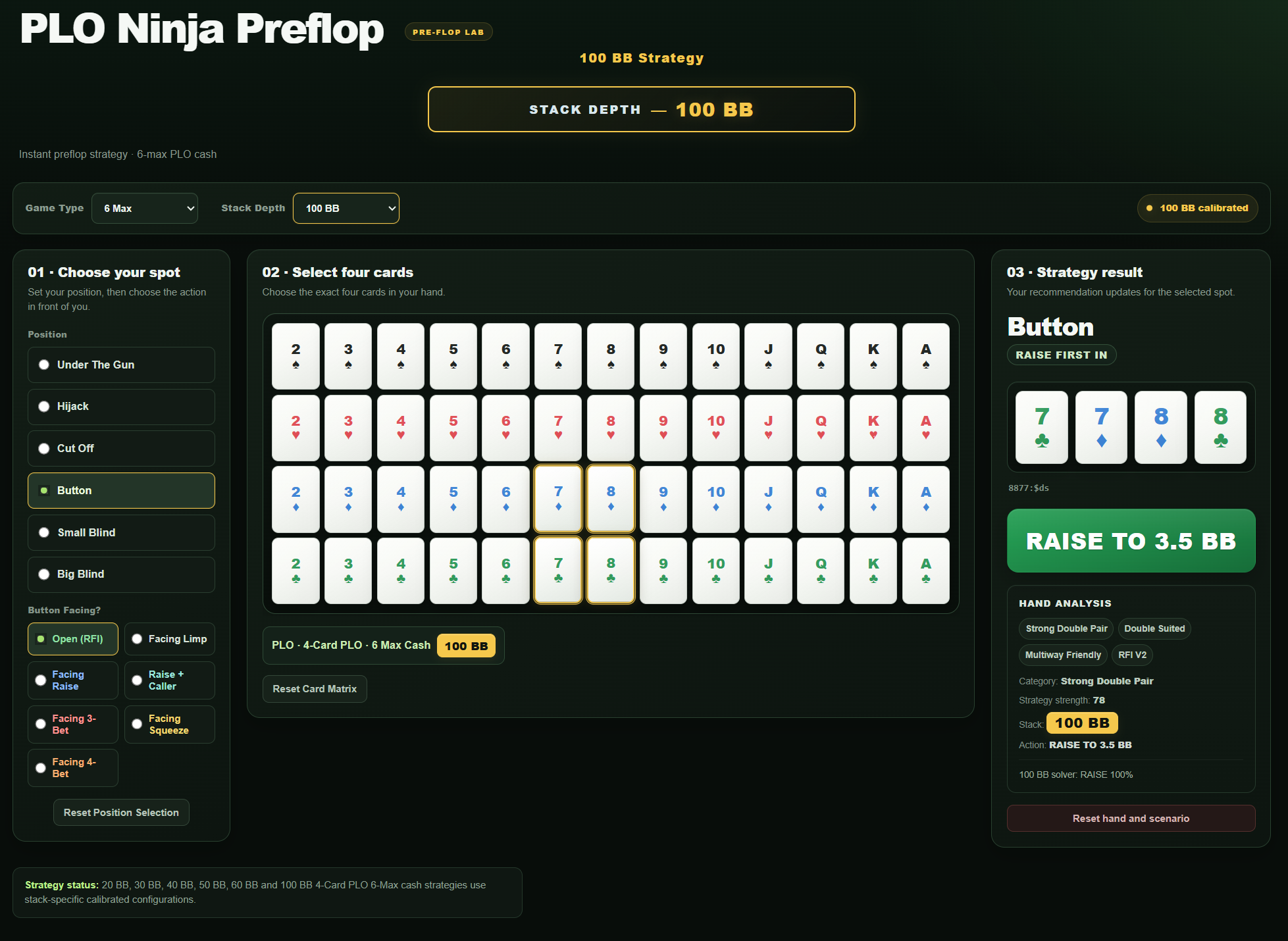 PLO Ninja preflop tool with position and situation controls, four-card hand selection and a strategy result
