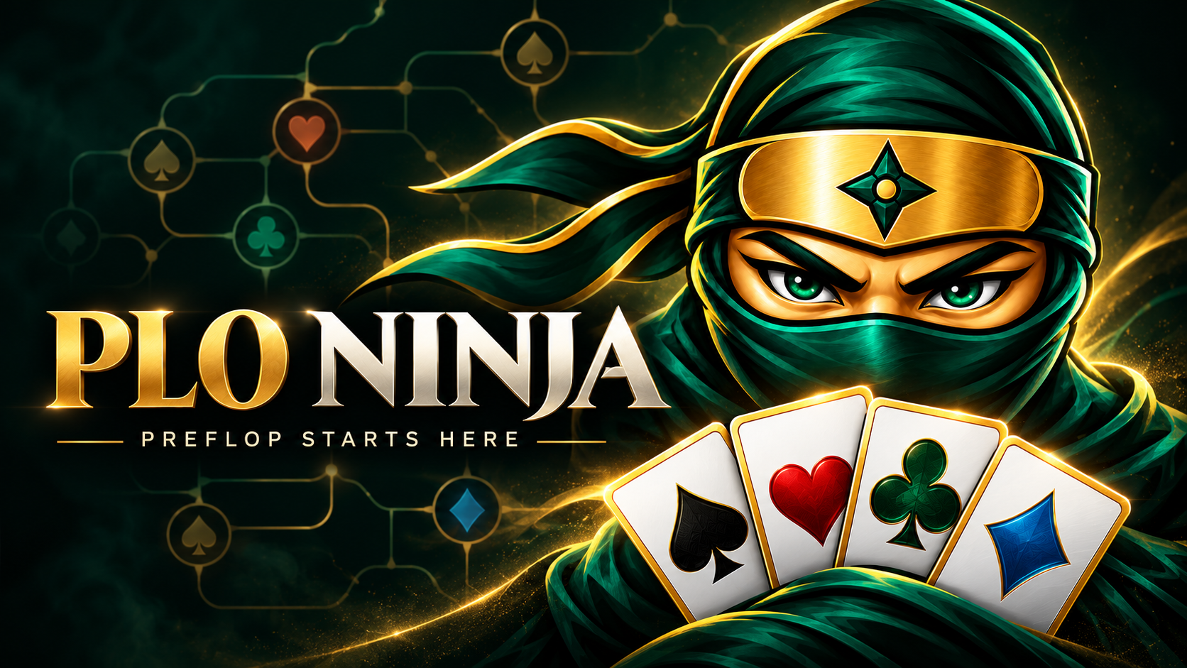 PLO Ninja — Preflop starts here. Emerald-and-gold Ninja with four playing cards.